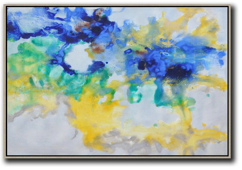 Hand Painted Horizontal Abstract Oil Painting On Canvas,Custom Canvas Wall Art,Blue,Yellow,Green,Grey